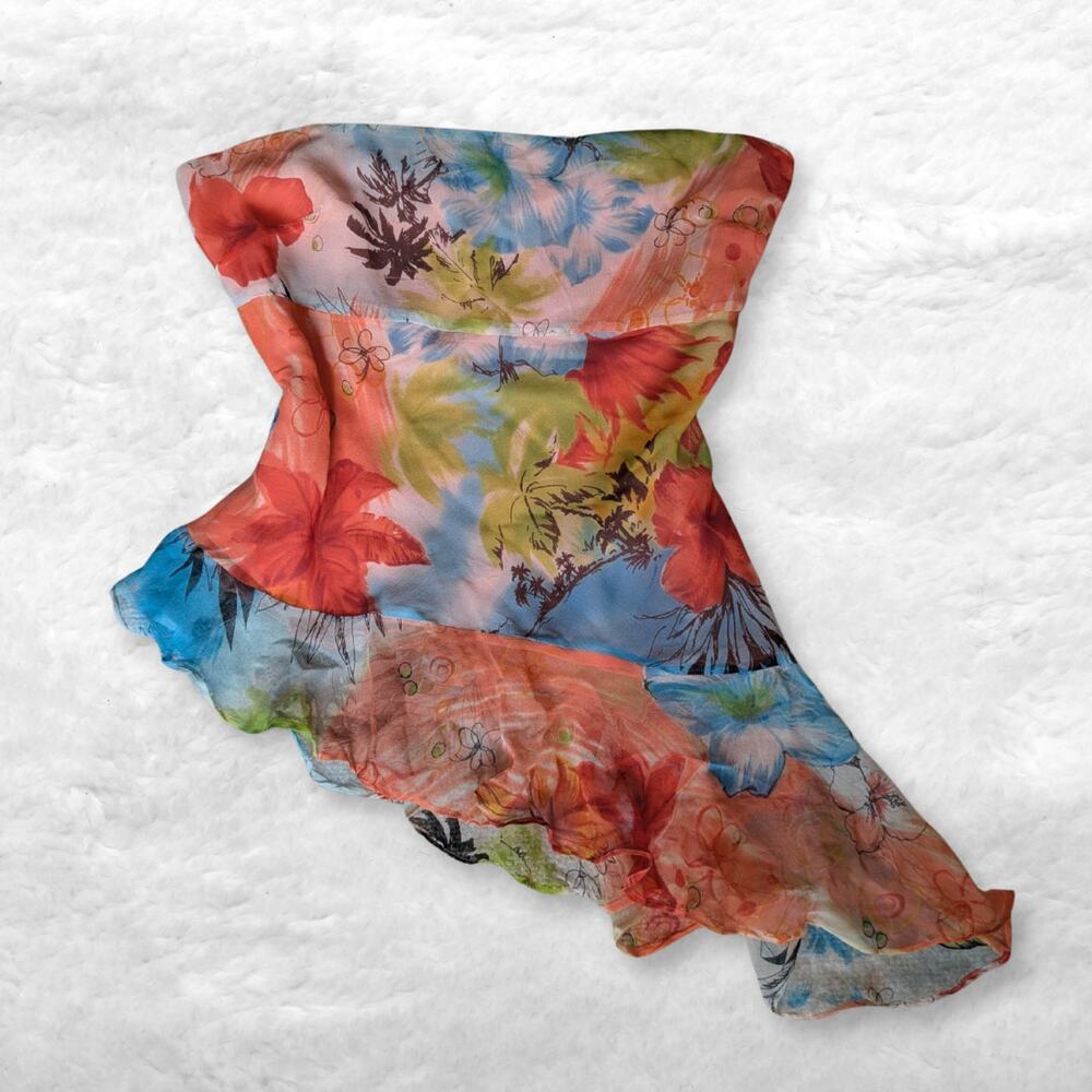 vintage i.c.e. 100% silk tropical floral asymmetric strapless top